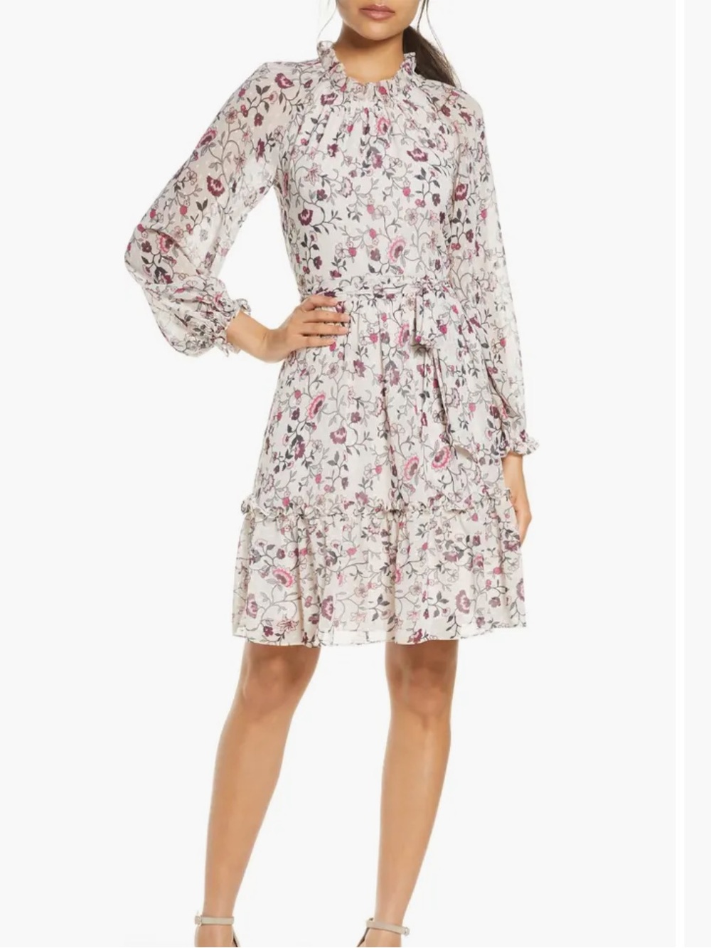 NWT Eliza J Floral Ruffle Long SleeveChiffon Dress with belt | Size 10